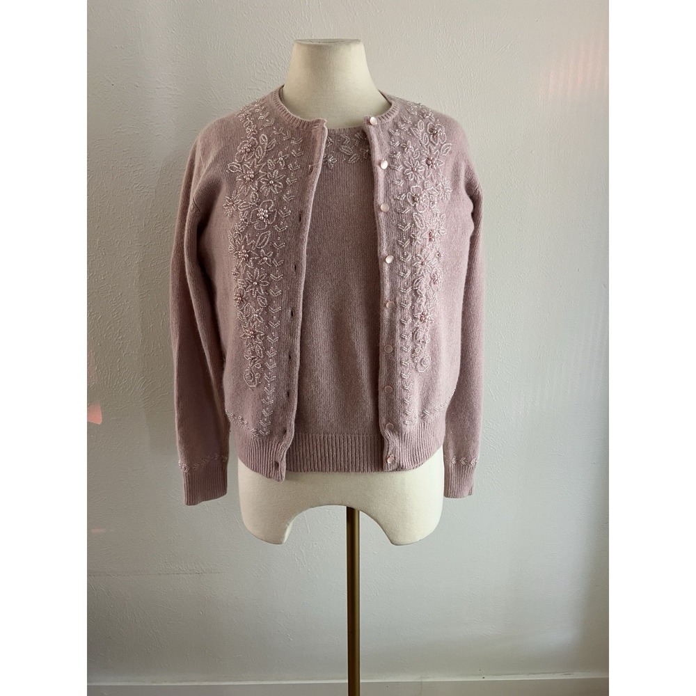 Lambswool Angora Sweater Set Pink Knit Cardigan Top Blouse Beaded Small Medium